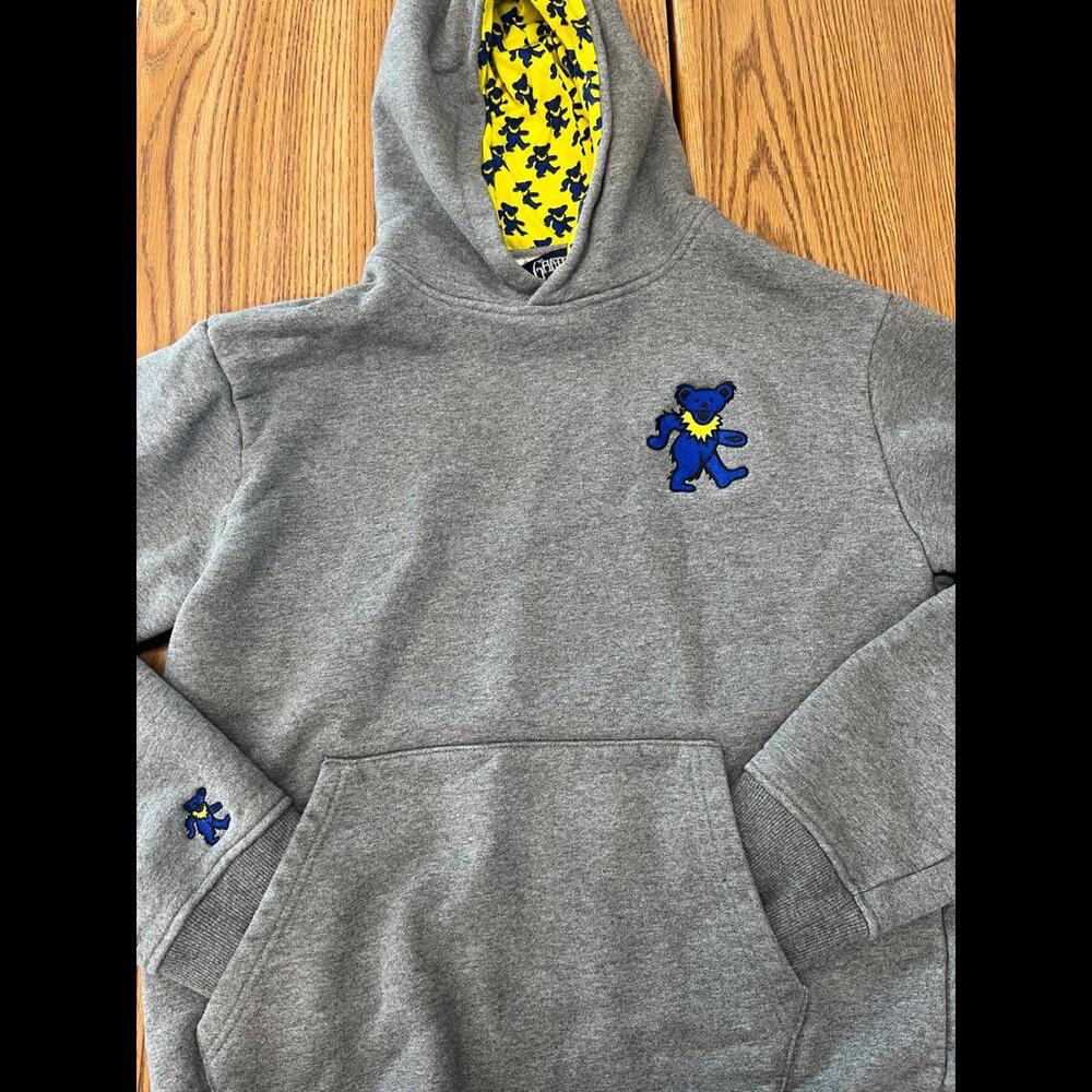 Gray Hoodie with Blue Bear Patch and Yellow Lined Hood